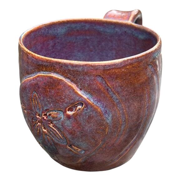 Sand Dollar Sculpted Stoneware Coffee Mug in Rust, Pink & Blue Glazes - Picture 3 of 13